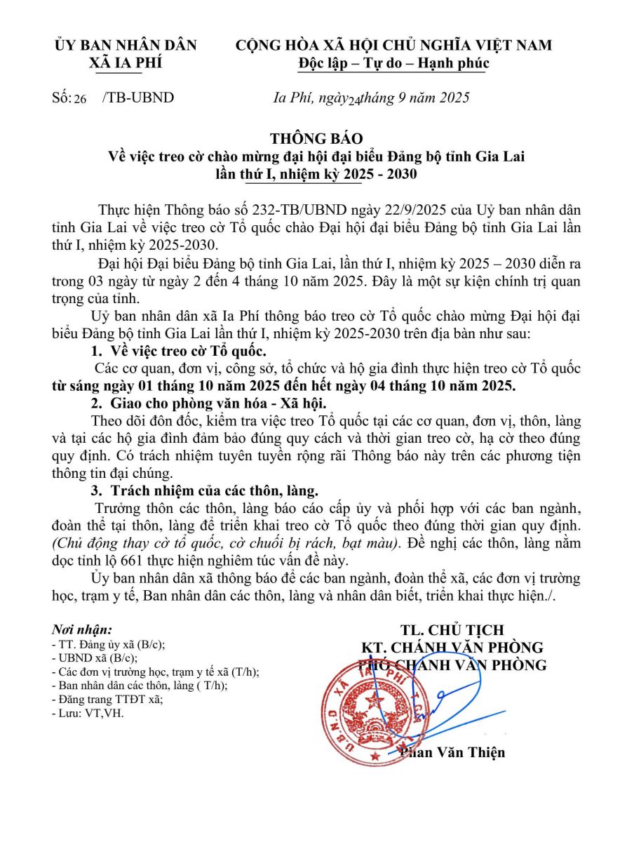 THÔNG BÁO Về việc treo cờ chào mừng đại hội đại biểu Đảng bộ tỉnh Gia Lai lần thứ I, nhiệm kỳ 2025 - 2030